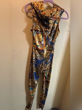 CLEO metallic sleeveless Printed Jumpsuit  with hood